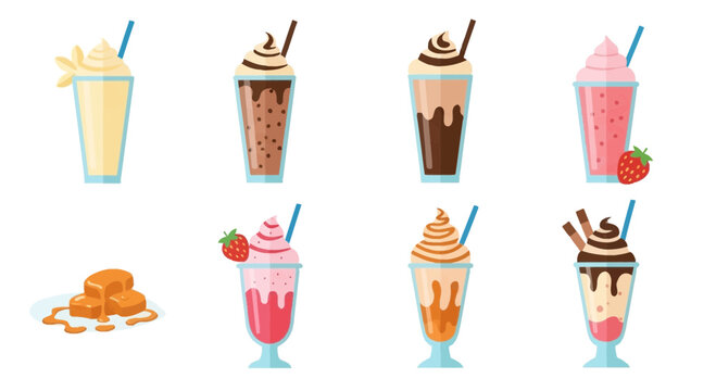 Variety of milkshakes and pancakes dessert.