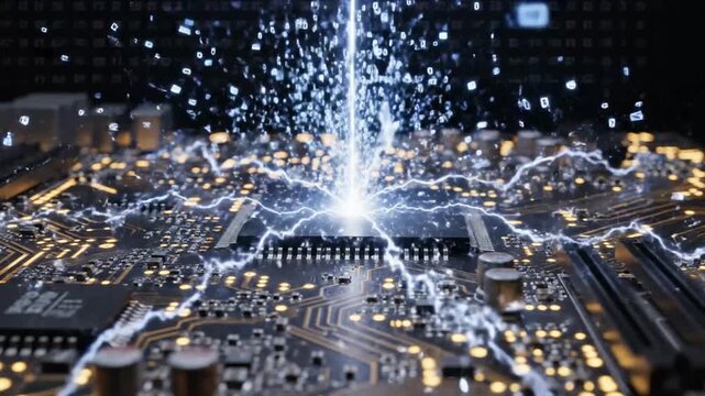 High-Tech Circuit Board with Electrical Spark and Digital Data Flow