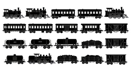 Obraz premium Vintage Train Silhouettes Collection: Steam Locomotives and Wagons