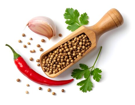 Wooden scoop of coriander seed with one sliced garlic on white background