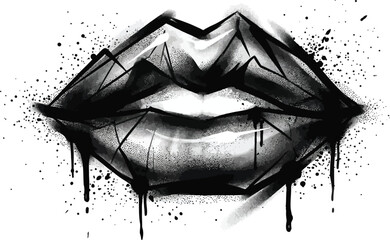 A striking black and white illustration of lips with bold shading and paint splatters creating a dramatic artistic effect © LoveU