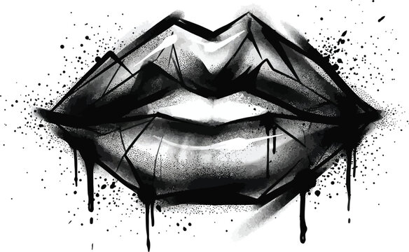 A striking black and white illustration of lips with bold shading and paint splatters creating a dramatic artistic effect