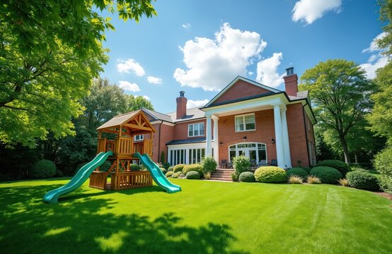 Large brick house with backyard playset and green lawn. Childrens playground structure with slides sits on manicured grass. Sunny day blue sky with clouds.