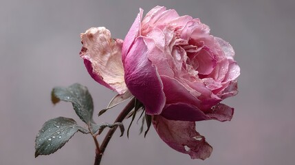 Fototapeta premium Wilted dried rose flower on light gray background. Fading beauty and aging concept with withered petals. 
