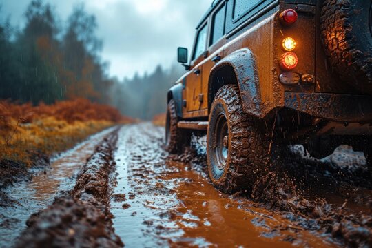 The car drives through mud