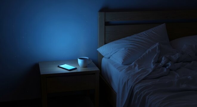 An unmade bed sits beside a wooden nightstand holding a glowing mobile device and a cold cup of coffee in a dark room under blue moonlight, insomnia, overtime, rest