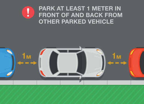 Outdoor parking rules and tips. Top view of a parallel parking. Park at least one meter in front and back from other parked vehicle. Flat vector illustration template.