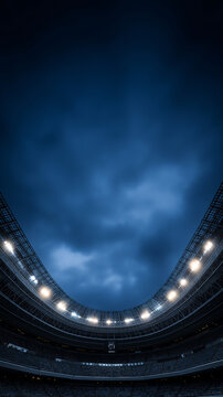 夜のスタジアム全景と空｜Wide stadium view at night, スポーツ, 観客席, 照明, 建築, dramatic sky, copy space