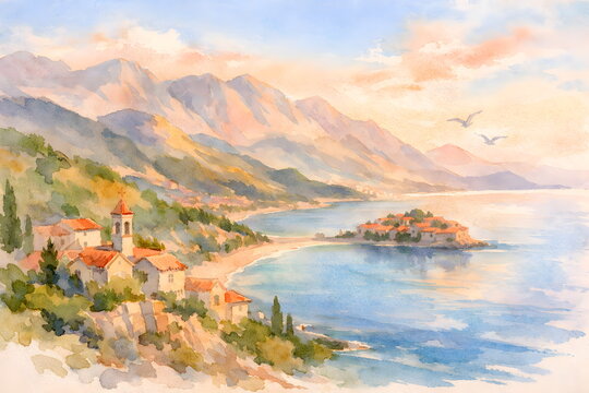 Soft watercolor landscape of a coastal Montenegro village with mountains and calm sea.