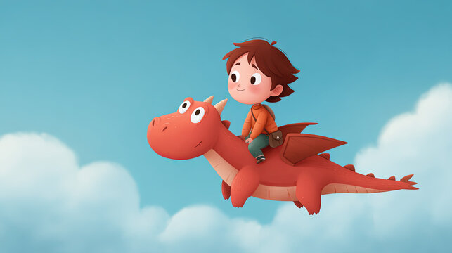 A cute cartoon boy riding a friendly red dragon in the blue sky
