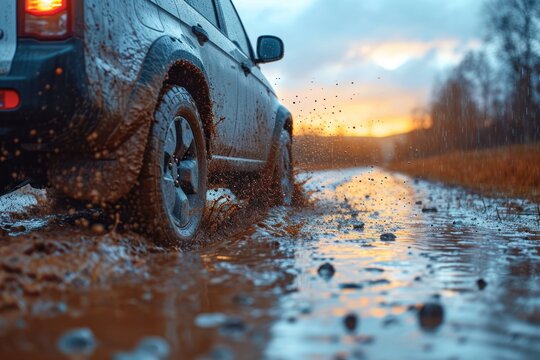 The car drives through mud