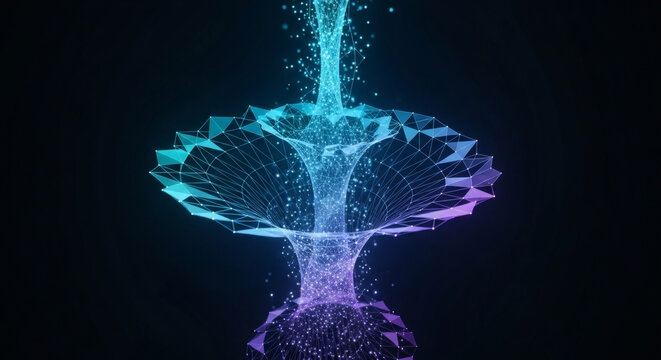 Dynamic Digital Flow Luminous Particles Weaving Through an Abstract Wireframe Structure, Depicting Advanced Data Visualization and Futuristic Energy Transfer