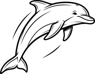 Naklejka premium Black and white illustration of a dolphin jumping out of the water with motion lines, conveying a sense of speed and freedom in a simple yet dynamic design