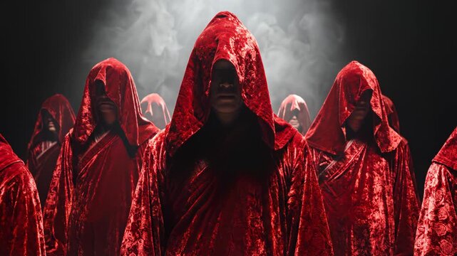 Group of figures in red hooded robes