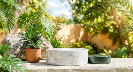 Fototapeta premium Podium background 3D white marble stand display platform mockup. Stone podium scene summer background 3D render product stage presentation green pedestal plant rock leaf art abstract