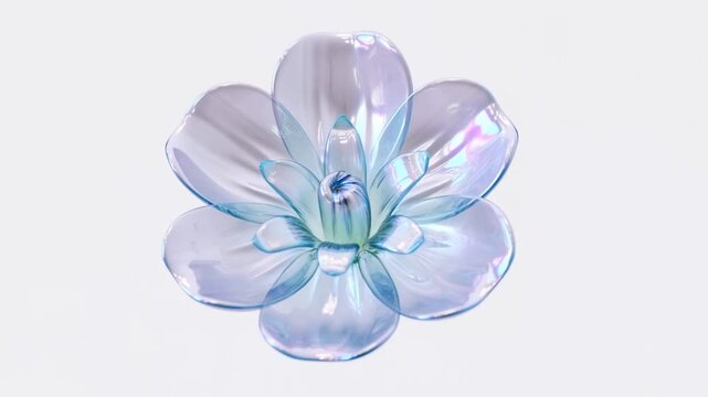 3d abstract glass flower blooming with liquid mercury inside transparent petals. Iridescent reflections, soft pastel colors. Perfect loop smooth 60fps. Perfect for modern digital art and tech nature c