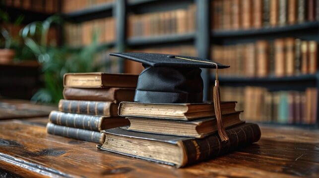 Graduation hat on books in classroom