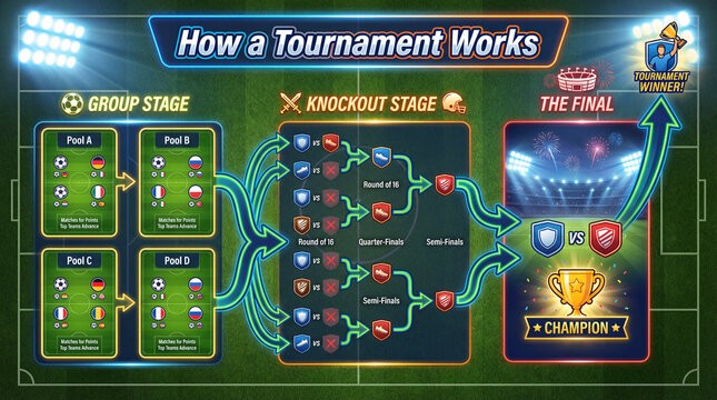 Tournament format explainer bracket infographic. Tournament flow shows group stage, knockout rounds, semi finals, final match, winner path for sports education, event guides, coaching, broadcast use