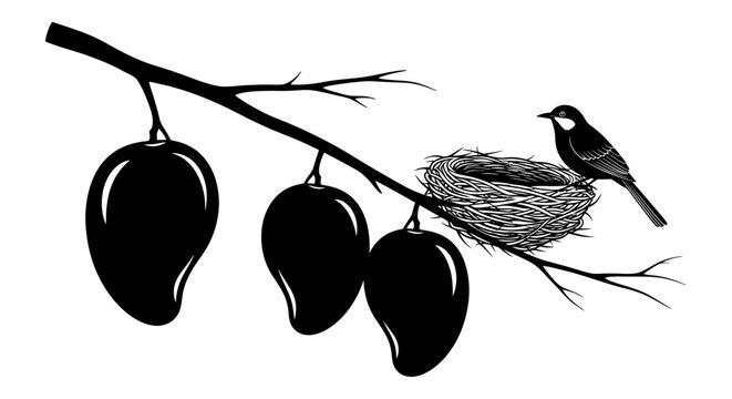 Bird on Branch with Mangoes and Nest, Silhouette Illustration