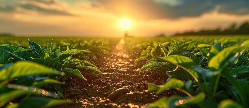 Sunset over a field of young tobacco plants. Agricultural landscape.