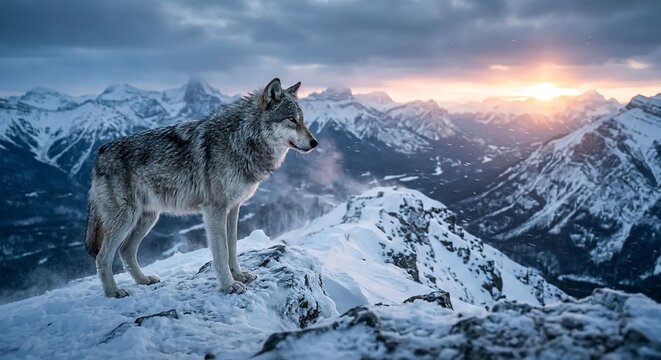 Lone Grey Wolf Standing on Snow Covered Mountain Top at Sunset