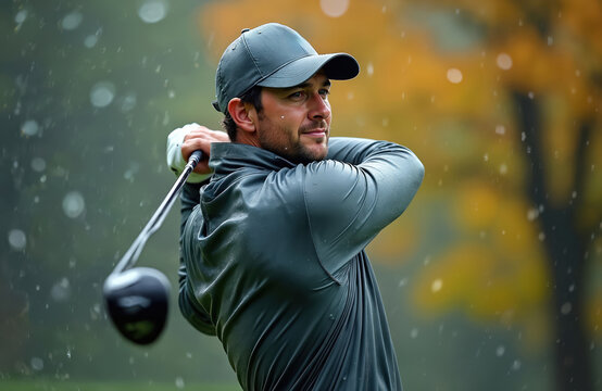 Golfer in rain jacket swings club on course. Man plays sport despite rain, focused on hitting ball. Athletic hobbyist enjoys game outdoors during bad weather.