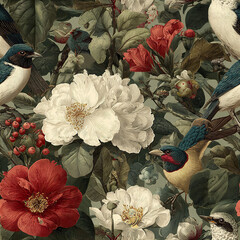 Obraz premium Antique style botanical and bird collage seamless design with detailed white and red flowers, green leaves, and colorful birds creating vintage natural pattern full of charm and elegance