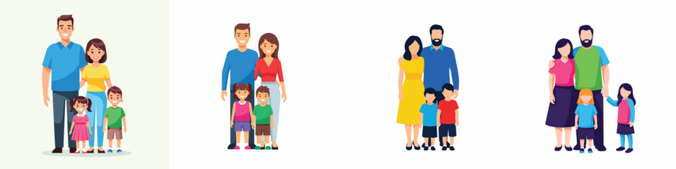 Obraz premium Cheerful family portrait with parents and children standing together, minimalist flat vector illustration, bright colors, clean white background.