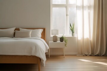 Fototapeta premium Minimalist Bedroom Interior With Soft Natural Window Light And Clean Design