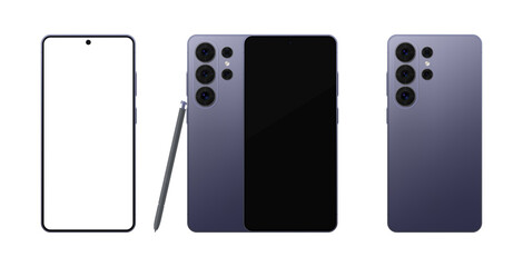 Fototapeta premium Detailed Cobalt violet new mobile phone with stylus mockup. Front and rear view isolated on transparent background. Vector PNG