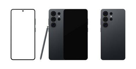 Fototapeta premium Detailed black new 2026 mobile phone with stylus mockup. Front and rear view isolated on transparent background. Vector PNG