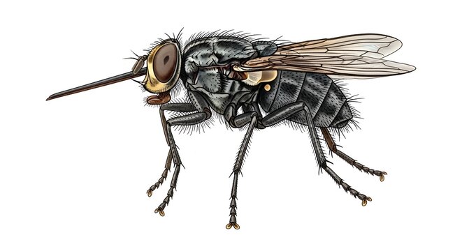 Detailed Scientific Illustration of a Biting Stable Fly Stomoxys calcitrans Isolated on White Background