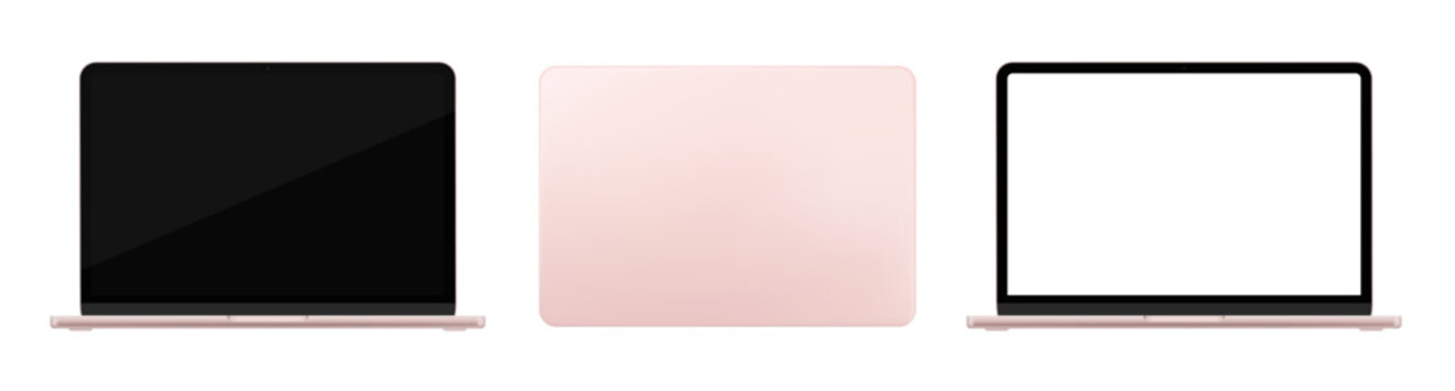 Detailed pink notebook PC mockup. Front and rear view isolated on transparent background. Vector PNG