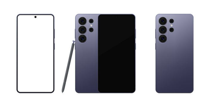 Detailed Cobalt violet new mobile phone with stylus mockup. Front and rear view isolated on transparent background. Vector PNG