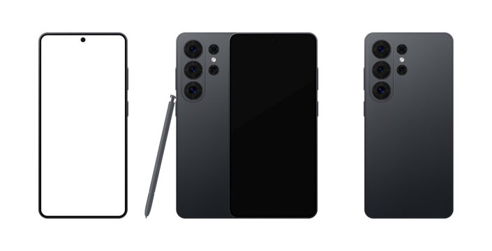 Detailed black new 2026 mobile phone with stylus mockup. Front and rear view isolated on transparent background. Vector PNG
