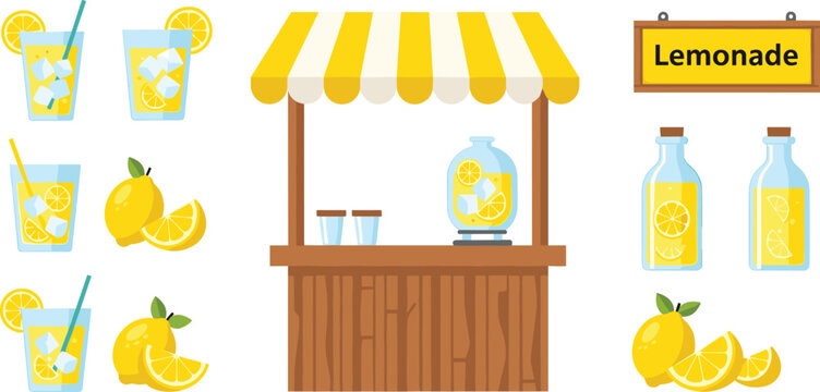 Fresh Lemonade Stand Vector Set with Summer Drink Booth Glass Bottles Iced Juice Cups and Lemon Fruit Slices for Seasonal Small Business Marketing