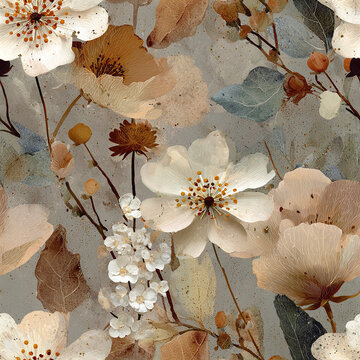 Artistic floral composition with muted earth tones and layered petals creates delicate and elegant botanical design featuring white and beige flowers with subtle blue and brown leaves