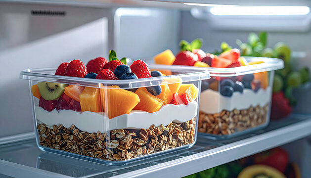 Transparent meal prep boxes with overnight oats, yogurt and berries arranged neatly inside a clean modern fridge