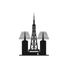 Fototapeta premium Black silhouette of radio tower with antennas and buildings