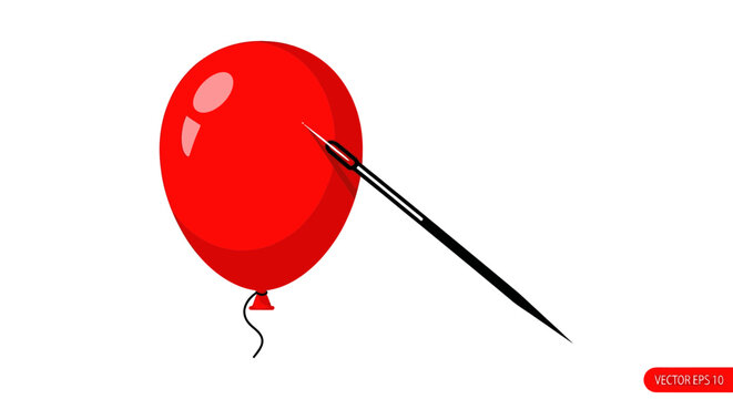 Red Balloon Popping Needle Isolated White Background