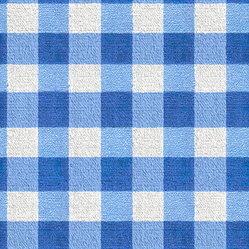 Blue gingham check pattern with textured fabric surface in light and dark shades creating seamless, classic, and cozy textile design for various uses
