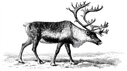 Naklejka premium Black and white engraving of a reindeer walking with large antlers and textured fur on white background in vintage style
