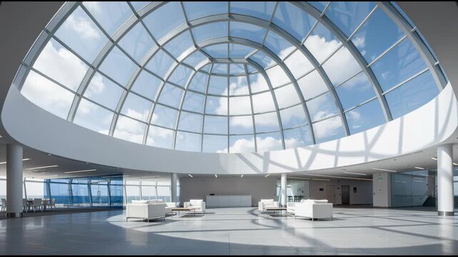 Bright spacious interior with large glass dome ceiling showcasing blue skies and natural light