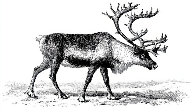Black and white engraving of a reindeer walking with large antlers and textured fur on white background in vintage style