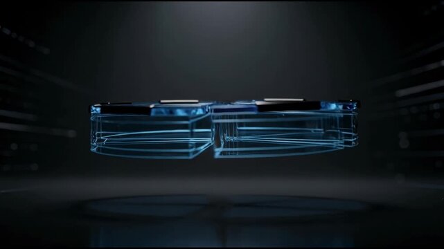 Futuristic transparent blue pie chart smoothly assembling and rotating for business data visualization