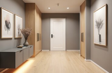 Fototapeta premium Modern hallway with light wood floors and white door. Tall wood cabinets line the walls. Artwork adorns the grey walls. Minimalist entryway offers clean lines and natural light.
