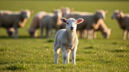 Fototapeta premium Cute white lamb standing in grassy field with flock of sheep in background, rural farm animal nature scene