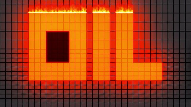 Burning text effect on flat grid for video title animation.