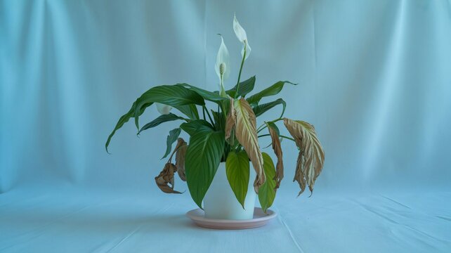 Wilting potted plant with dying leaves on blue background