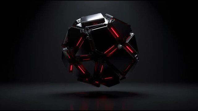Futuristic black geometric shape with glowing red lights rotating in dark digital background